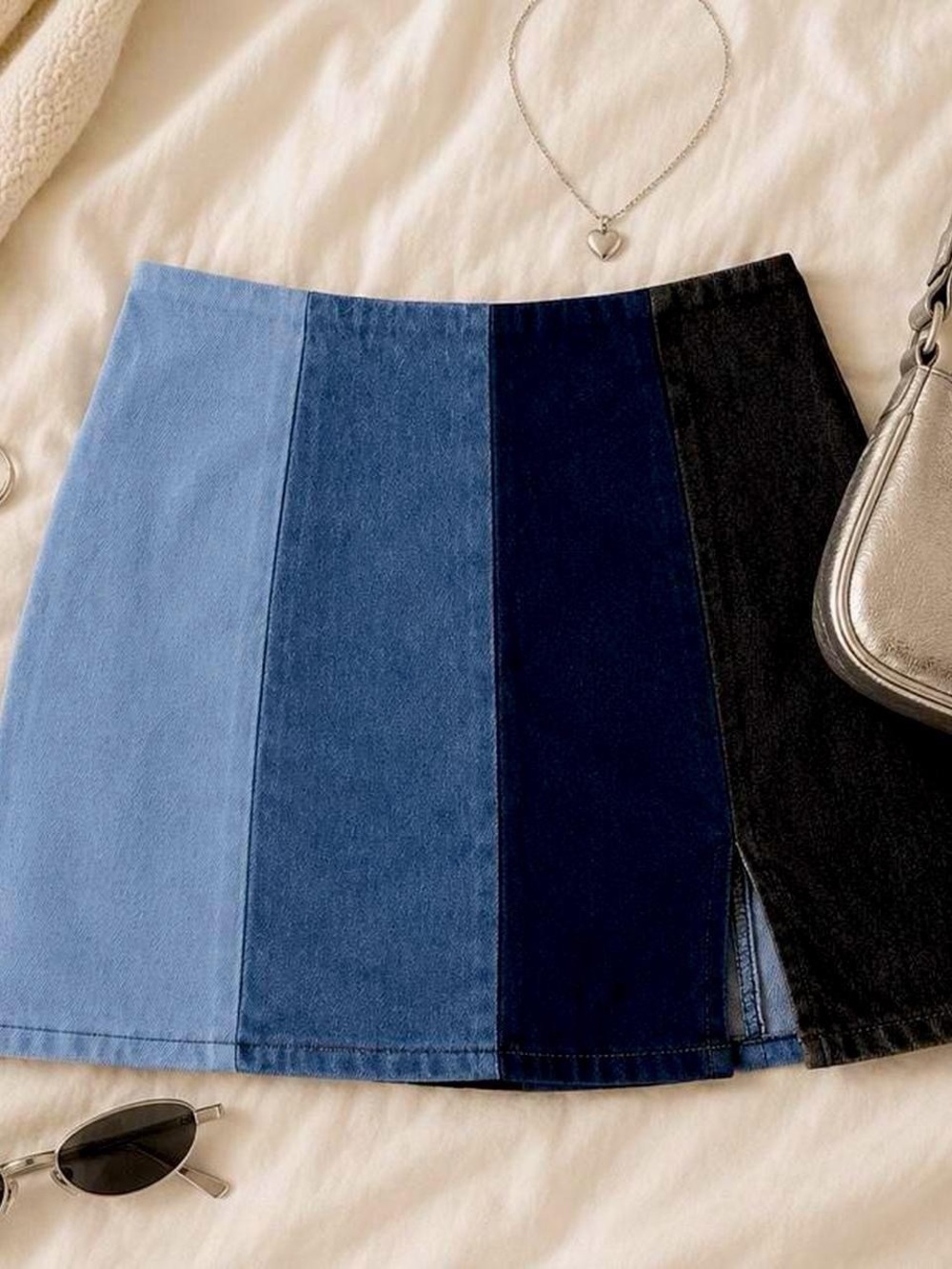 Colorblock Denim Mini Skirt - Blue Gradient